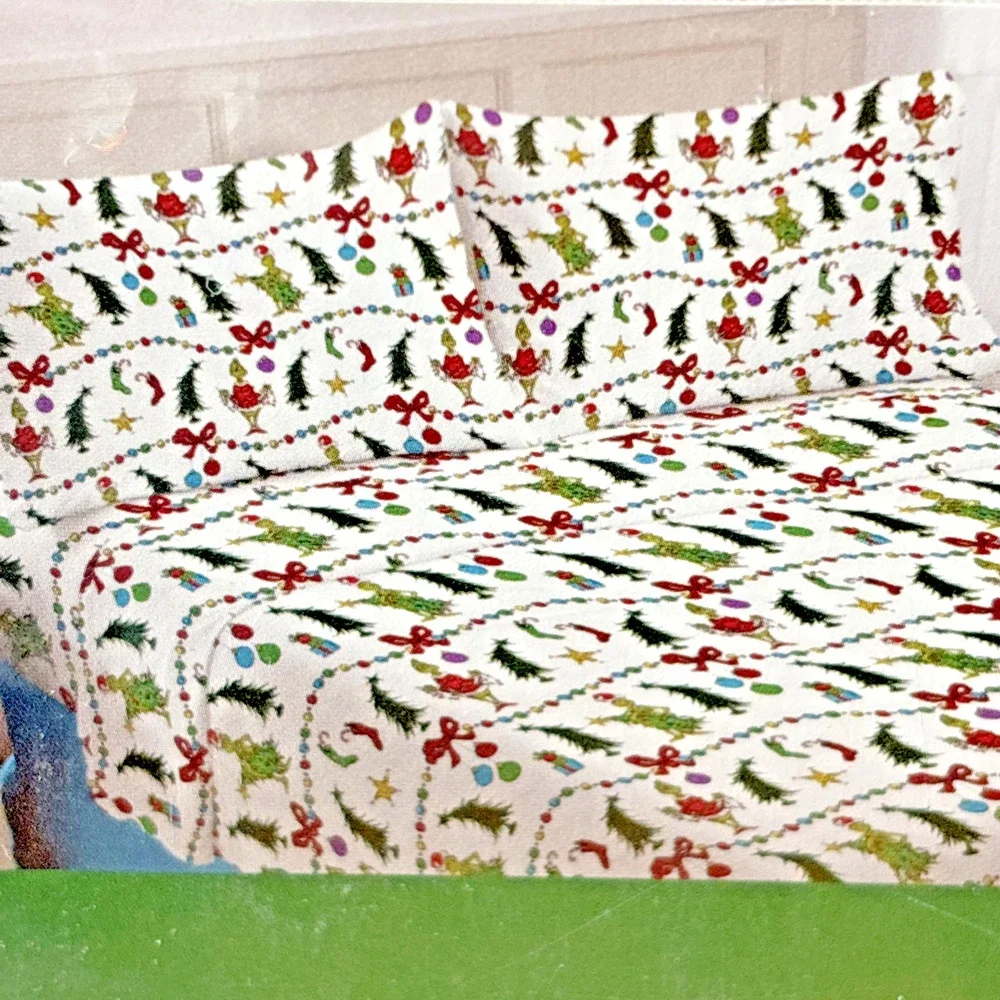 Dr Seuss The Grinch Holiday Cotton Flannel QUEEN Sheet Set Christmas Trees NEW